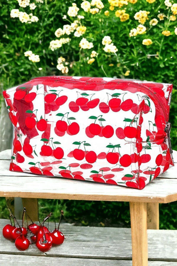 Transparent Makeup Bag with Cherry Pattern - 3