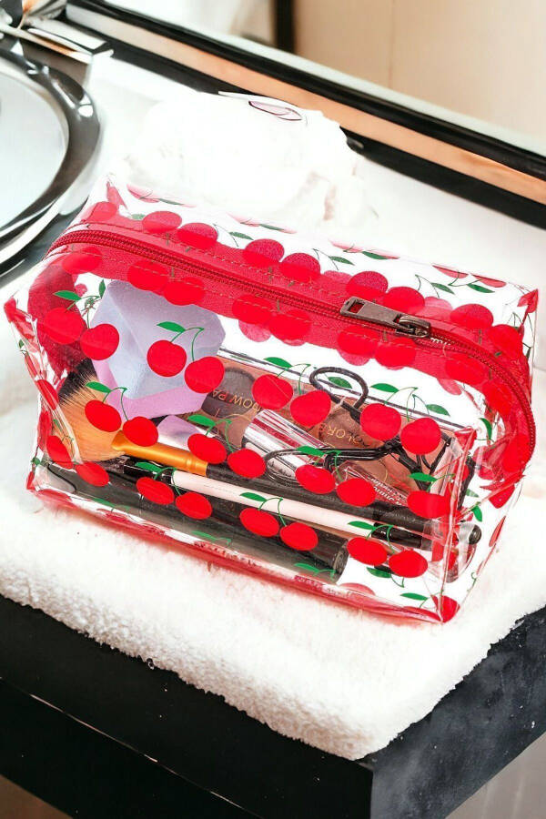 Transparent Makeup Bag with Cherry Pattern - 4