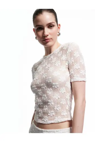 Transparent Short Sleeve Crew Neck Lace Blouse - 1