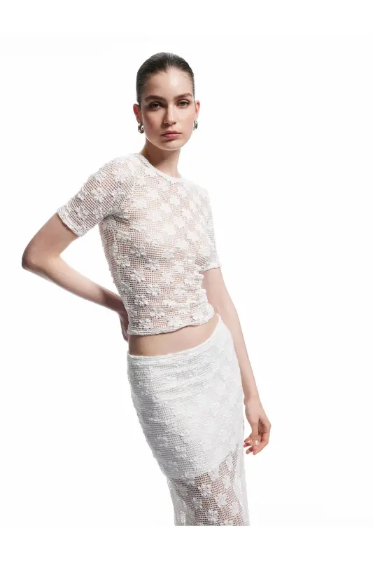 Transparent Short Sleeve Crew Neck Lace Blouse - 2