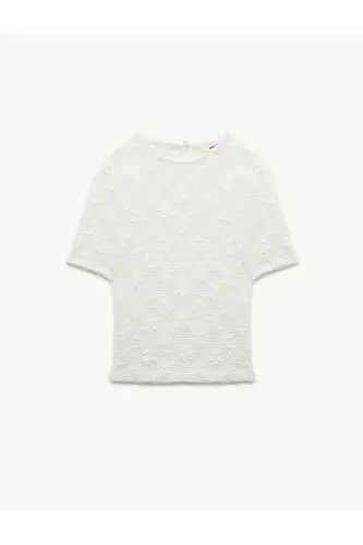 Transparent Short Sleeve Crew Neck Lace Blouse - 3