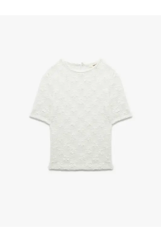 Transparent Short Sleeve Crew Neck Lace Blouse - 3