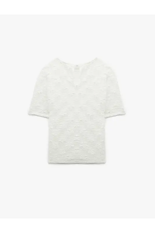 Transparent Short Sleeve Crew Neck Lace Blouse - 4