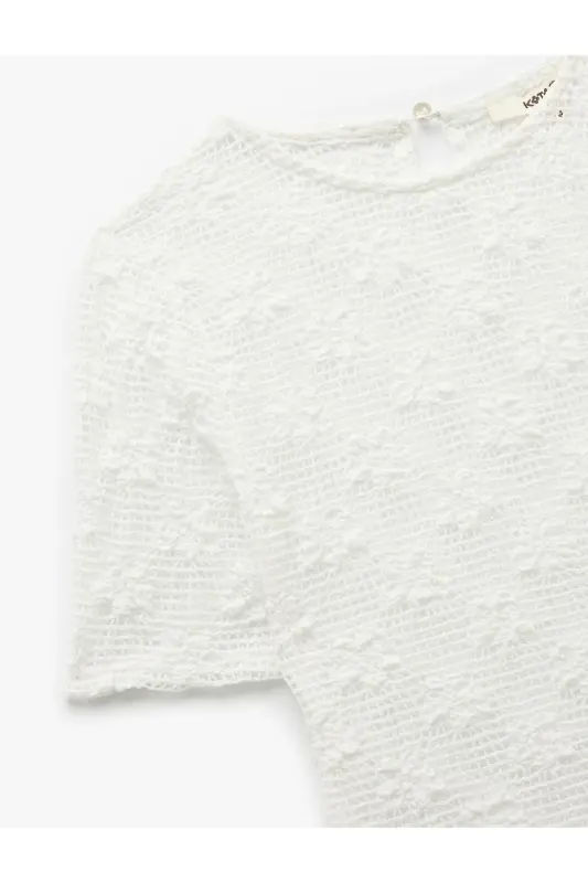 Transparent Short Sleeve Crew Neck Lace Blouse - 5