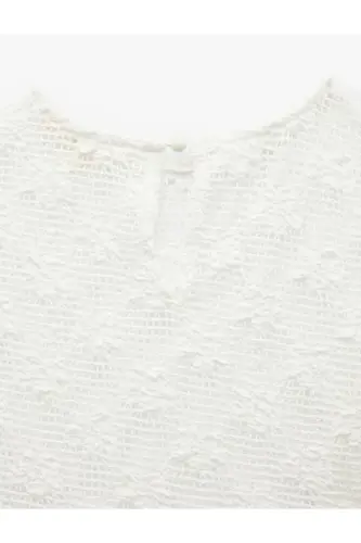 Transparent Short Sleeve Crew Neck Lace Blouse - 6