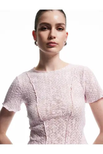 Transparent Slim Fit Short Sleeve Crew Neck Lace - 1