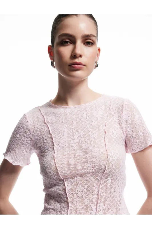 Transparent Slim Fit Short Sleeve Crew Neck Lace - KOTON