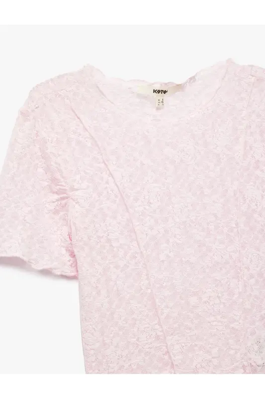 Transparent Slim Fit Short Sleeve Crew Neck Lace - 5