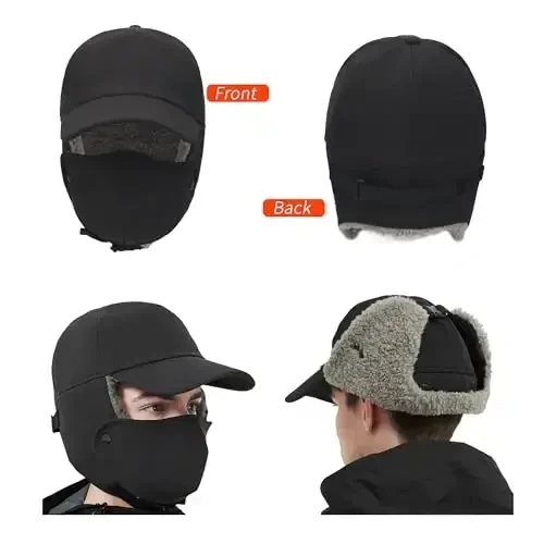 Trapper Hat for Men Women Waterproof Winter Warm Baseball Cap with Ear Flaps and Mask - 5