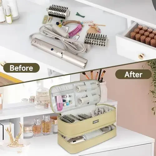 Travel Carrying Case Compatible with Shark Flexstyle/FlexFusion/Hair Dryer,Double-Layer Hair Hot Tools Storage Bag Fits for Dyson Airwrap Styler/Supersonic Hair Dryer and AttacModazoneents,Khaki-Bag Only - 5