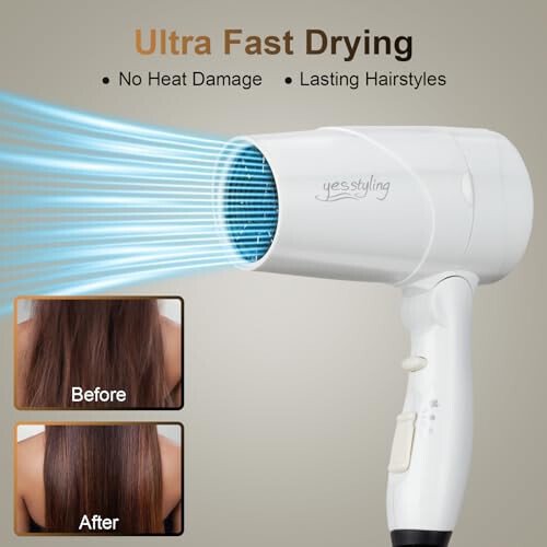 Travel Compact Hair Dryer, 1875W Lightweight Blow Dryer with Detachable Handle, 1 Nozzle, 2 Heat Settings, 2 Speed Slide Switch, Cool Shot Button, Fast Drying for Family, Student (White) - 5