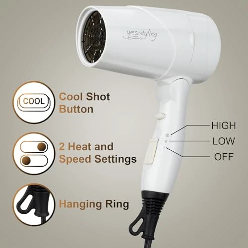 Travel Compact Hair Dryer, 1875W Lightweight Blow Dryer with Detachable Handle, 1 Nozzle, 2 Heat Settings, 2 Speed Slide Switch, Cool Shot Button, Fast Drying for Family, Student (White) - 3