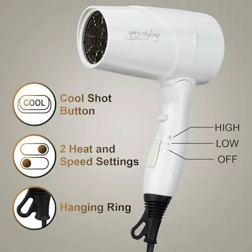 Travel Compact Hair Dryer, 1875W Lightweight Blow Dryer with Detachable Handle, 1 Nozzle, 2 Heat Settings, 2 Speed Slide Switch, Cool Shot Button, Fast Drying for Family, Student (White) - 3