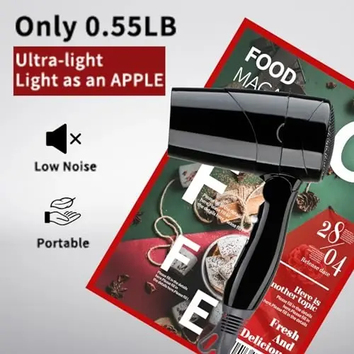 Travel Compact Soch Quritgich, 1875W Yengil Soch Kestiruvchi, Yechiladigan Dasta bilan, 1 ta Nozul, 2 ta Harorat Sozlamalari, 2 ta Tezlikni Sürgülü Kaliti, Salqin Otish Tugmasi, Oila, Talaba uchun Tez Quritish (Qora) - 5