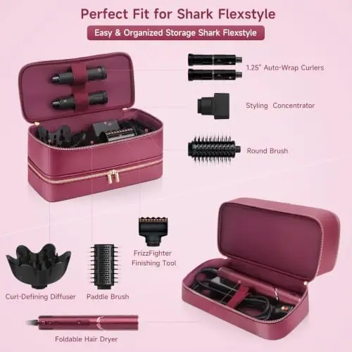 Travel Hair Dryer Case for Shark Flexstyle, Double-Layer Carrying Case for Shark Flex Style Blow Dryer, Portable Hair Tools Storage Organizer Bag for FlexFusion Beauty Hairdryer AttcModazoneents (Cherry) - TRAVEL (1)