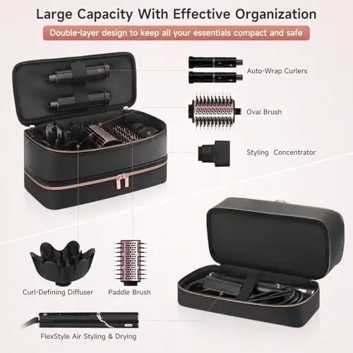 Travel Hair Dryer Case for Shark Flexstyle, Double-Layer Carrying Case for Shark Flex Style Blow Dryer, Portable Hair Tools Storage Organizer Bag for Shark Beauty Hairdryer AttcModazoneents(Black Rose Gold) - 2