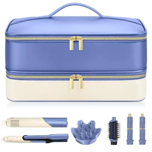 Travel Hair Dryer Case for Shark Glam, Portable Hair Tools Bag for Shark FlexFusion, Double-Layer Carrying Case for FlexStyle Blow Dryer, Silki & Glossi Attachment Holder (Periwinkle&Buttercream) - TRAVEL