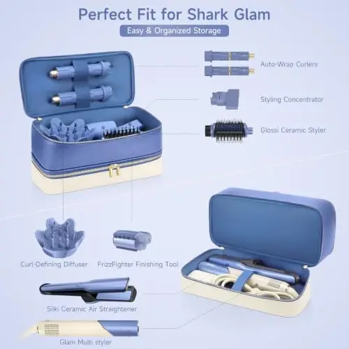 Travel Hair Dryer Case for Shark Glam, Portable Hair Tools Bag for Shark FlexFusion, Double-Layer Carrying Case for FlexStyle Blow Dryer, Silki & Glossi Attachment Holder (Periwinkle&Buttercream) - TRAVEL (1)