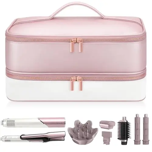 Travel Hair Dryer Case for Shark Glam, Portable Hair Tools Bag for Shark FlexFusion, Double-Layer Storage Carrying Case for FlexStyle Blow Dryer, Silki Straightener & Glossi Attachments Holder (Pink) - 1