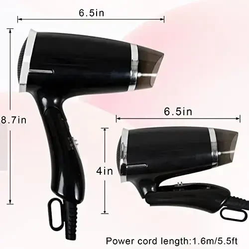 Travel Hair Dryer Folding Compact Blow Dryers Portable Small Professional with 3 Heat Settings Lightweight Mini 8x7inch Low Noise (Black) - 2
