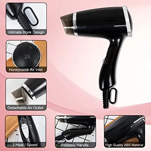 Travel Hair Dryer Folding Compact Blow Dryers Portable Small Professional with 3 Heat Settings Lightweight Mini 8x7inch Low Noise (Black) - 3