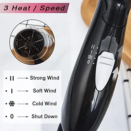 Travel Hair Dryer Folding Compact Blow Dryers Portable Small Professional with 3 Heat Settings Lightweight Mini 8x7inch Low Noise (Black) - 4