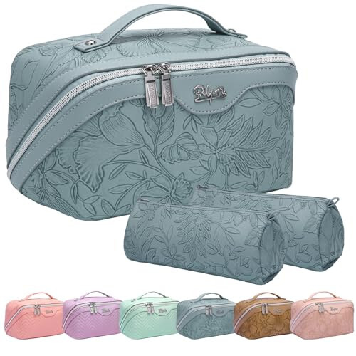 Travel Makeup Bags Cosmetic Organizer Bag: 3-Set Large Capacity Make up Bag - PU Leather Toiletry Bag for Women - Wide Open Portable Pouch with Divider & Handle 01-Light Blue - 1