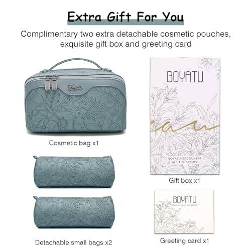 Travel Makeup Bags Cosmetic Organizer Bag: 3-Set Large Capacity Make up Bag - PU Leather Toiletry Bag for Women - Wide Open Portable Pouch with Divider & Handle 01-Light Blue - 5