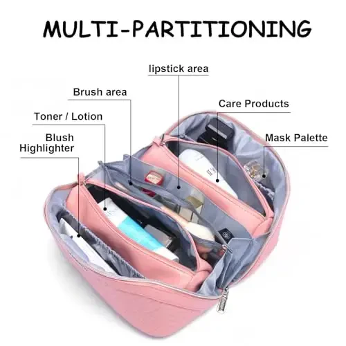 Travel Makeup Bags Cosmetic Organizer Bag: Quilted Make up Bag Set of 3 - PU Leather Toiletry Bags for Women - Portable Makeup Organizer with Compartments & Handle & Divider (14-Pink) - 2