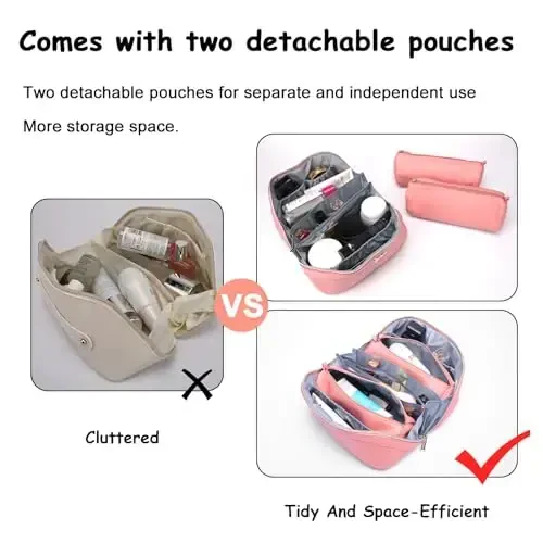 Travel Makeup Bags Cosmetic Organizer Bag: Quilted Make up Bag Set of 3 - PU Leather Toiletry Bags for Women - Portable Makeup Organizer with Compartments & Handle & Divider (14-Pink) - 3