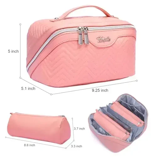 Travel Makeup Bags Cosmetic Organizer Bag: Quilted Make up Bag Set of 3 - PU Leather Toiletry Bags for Women - Portable Makeup Organizer with Compartments & Handle & Divider (14-Pink) - 4