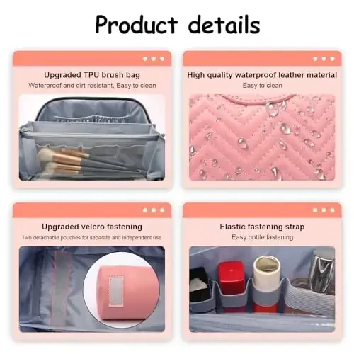 Travel Makeup Bags Cosmetic Organizer Bag: Quilted Make up Bag Set of 3 - PU Leather Toiletry Bags for Women - Portable Makeup Organizer with Compartments & Handle & Divider (14-Pink) - 5