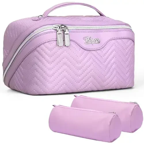 Travel Makeup Bags Cosmetic Organizer Bag: Quilted Make up Bag Set of 3 - PU Leather Toiletry Bags for Women - Portable Makeup Organizer with Compartments & Handle & Divider (14-Purple) - 1