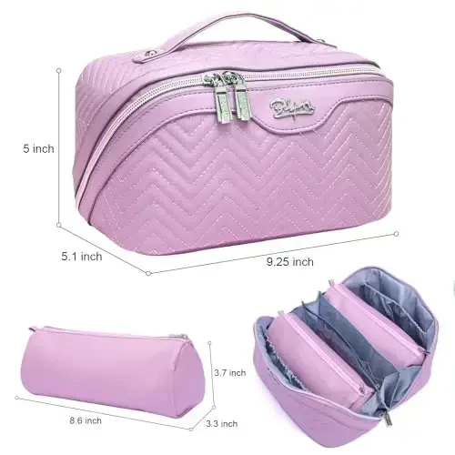 Travel Makeup Bags Cosmetic Organizer Bag: Quilted Make up Bag Set of 3 - PU Leather Toiletry Bags for Women - Portable Makeup Organizer with Compartments & Handle & Divider (14-Purple) - 4