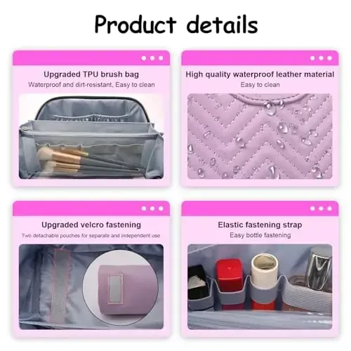 Travel Makeup Bags Cosmetic Organizer Bag: Quilted Make up Bag Set of 3 - PU Leather Toiletry Bags for Women - Portable Makeup Organizer with Compartments & Handle & Divider (14-Purple) - 5