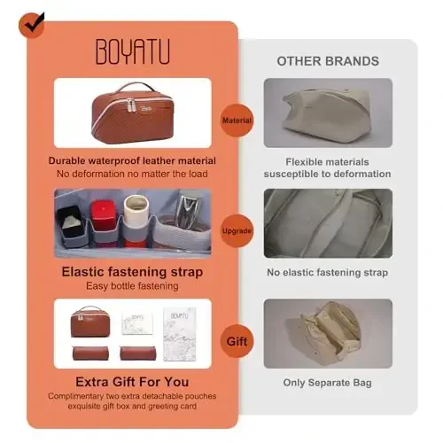 Travel Makeup Bags Cosmetic Organizer Bag: Quilted Make up Bag Set of 3 - PU Leather Toiletry Bags for Women - Portable Makeup Organizer with Compartments & Handle & Divider(14 Brown) - 2