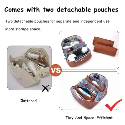 Travel Makeup Bags Cosmetic Organizer Bag: Quilted Make up Bag Set of 3 - PU Leather Toiletry Bags for Women - Portable Makeup Organizer with Compartments & Handle & Divider(14 Brown) - 3