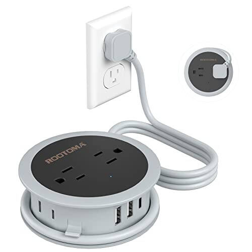 Travel Power Strip with USB Ports, 4 FT Winding Flat Plug Extension Cord with 4 AC Outlets, 3 USB (1 USB C), Portable Power Strip, Compact for Travel, Dorm Room, Cruise Essentials, Travel Gear, Grey - 1