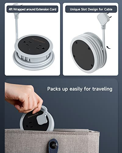 Travel Power Strip with USB Ports, 4 FT Winding Flat Plug Extension Cord with 4 AC Outlets, 3 USB (1 USB C), Portable Power Strip, Compact for Travel, Dorm Room, Cruise Essentials, Travel Gear, Grey - 5