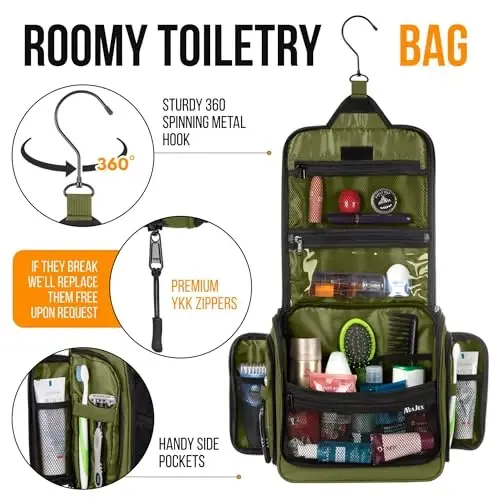 Travel Toiletry Bag for Men and Women - (10.6”x10.6”x3.2”) Large Hanging Toiletry Organizer - Waterproof Hygiene Bag with Metal XXL Swivel Hook, with Sturdy Zippers and 19 Compartments for Toiletries - 5