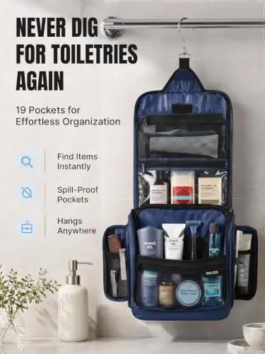 Travel Toiletry Bag for Men and Women - (10.6”x10.6”x3.2”) Large Hanging Toiletry Organizer - Waterproof Hygiene Bag with Metal XXL Swivel Hook, with Sturdy Zippers and 19 Compartments for Toiletries - 2