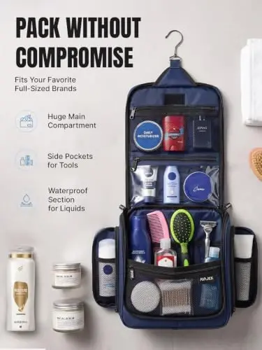 Travel Toiletry Bag for Men and Women - (10.6”x10.6”x3.2”) Large Hanging Toiletry Organizer - Waterproof Hygiene Bag with Metal XXL Swivel Hook, with Sturdy Zippers and 19 Compartments for Toiletries - 6