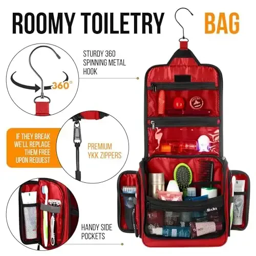 Travel Toiletry Bag for Men and Women - Large Hanging Toiletry Organizer - Waterproof Hygiene Bag with Metal XXL Swivel Hook, with Sturdy Zippers and 19 Compartments for Toiletries, Makeup, Cosmetics - 5