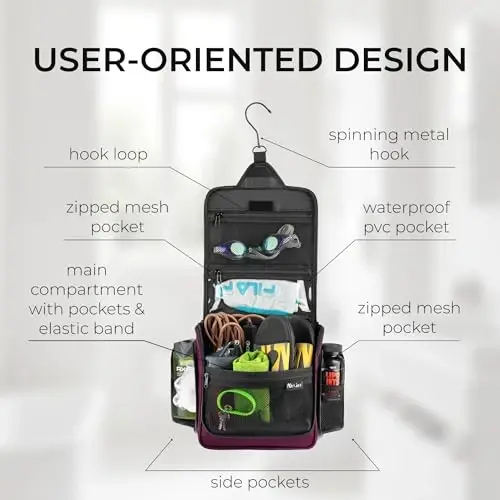 Travel Toiletry Bag for Men and Women - Large Hanging Toiletry Organizer - Waterproof Hygiene Bag with Metal XXL Swivel Hook, with Sturdy Zippers and 19 Compartments for Toiletries, Makeup, Cosmetics - 3