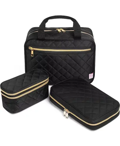 Travel Trio: Quilted Jewelry, Makeup & Toiletry Set - Black - 1