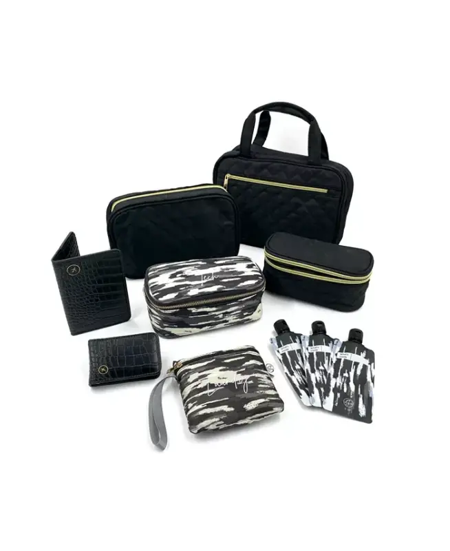 Travel Trio: Quilted Jewelry, Makeup & Toiletry Set - Black - 3