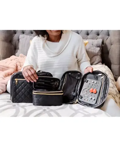 Travel Trio: Quilted Jewelry, Makeup & Toiletry Set - Black - MS. JETSETTER (1)
