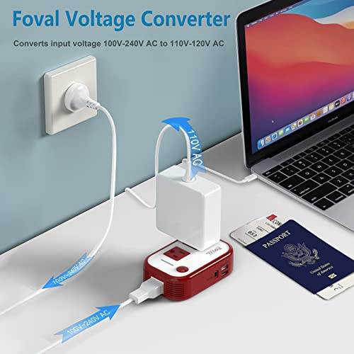 Travel Voltage Converter 220V to 110V - FOVAL [Upgraded 18W USB-C] International Power Step Down Converter for Hair Straightener/Curler Outlet Voltage Converter US to Europe Italy UK AU Plug Adapter - 2