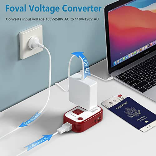 Travel Voltage Converter 220V to 110V - FOVAL [Upgraded 18W USB-C] International Power Step Down Converter for Hair Straightener/Curler Outlet Voltage Converter US to Europe Italy UK AU Plug Adapter - 2