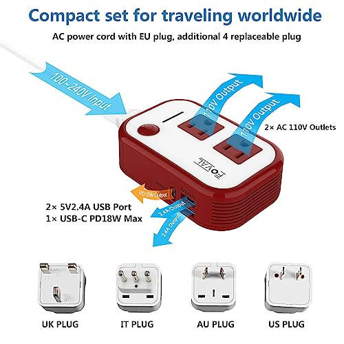 Travel Voltage Converter 220V to 110V - FOVAL [Upgraded 18W USB-C] International Power Step Down Converter for Hair Straightener/Curler Outlet Voltage Converter US to Europe Italy UK AU Plug Adapter - 3